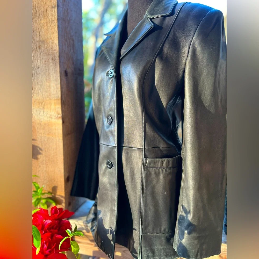 Vintage Classiques Entier Buttery Soft Black Leather Button Front Lined Jacket S - Picture 6 of 9